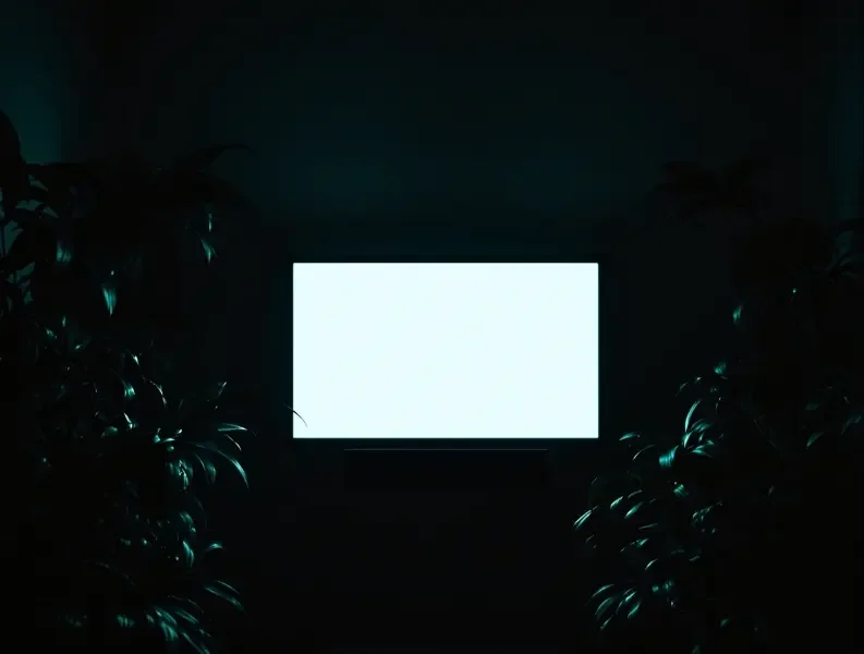 午夜悬疑片单封面，暗色房间里屏幕微光与植物剪影